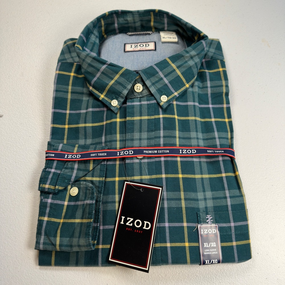 IZOD Shirt‎ Mens XL Teal Green Plaid Newport Oxford Cotton Long Sleeve NWT